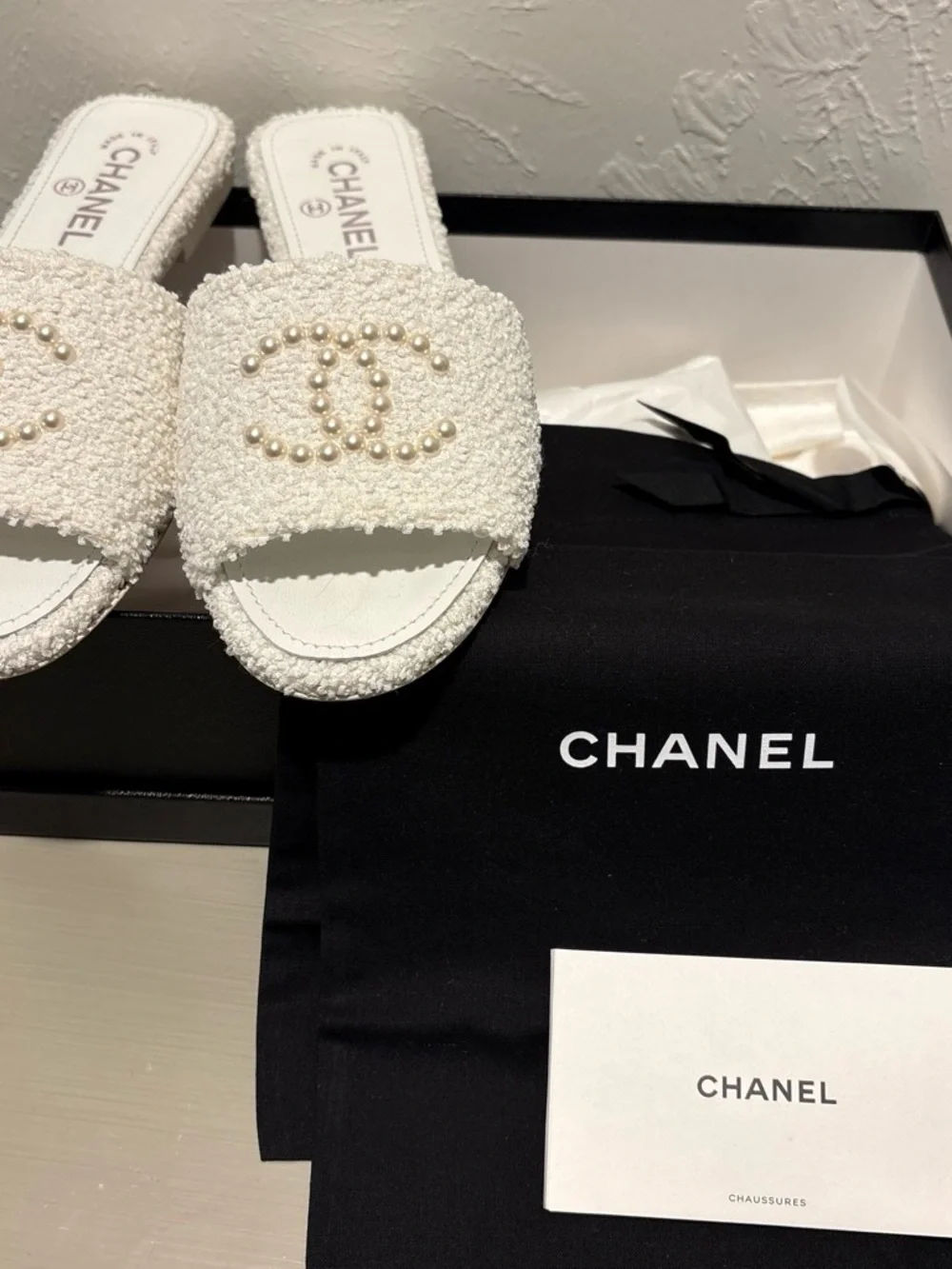 CHANEL White Tweed Pearl CC Slide Mules